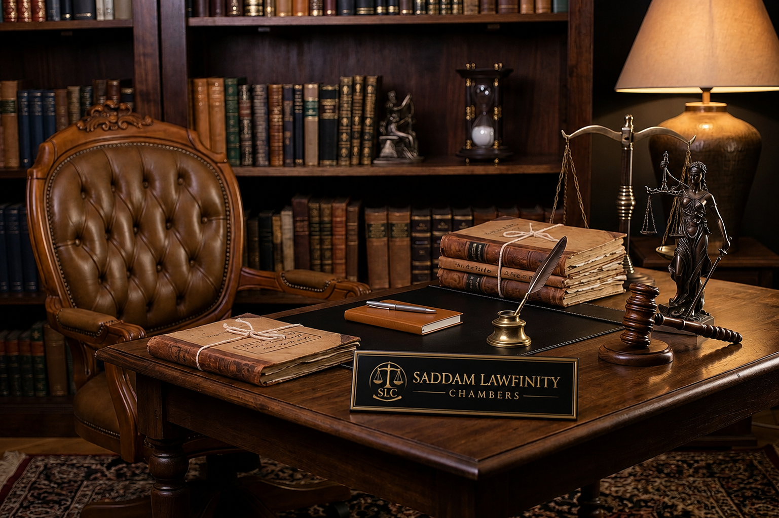 Saddam Lawfinity Chambers Desk & Scales of Justice